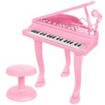 Rózsaszín játék zongora mikrofonnal és zongoraszékkel – 60 cm11