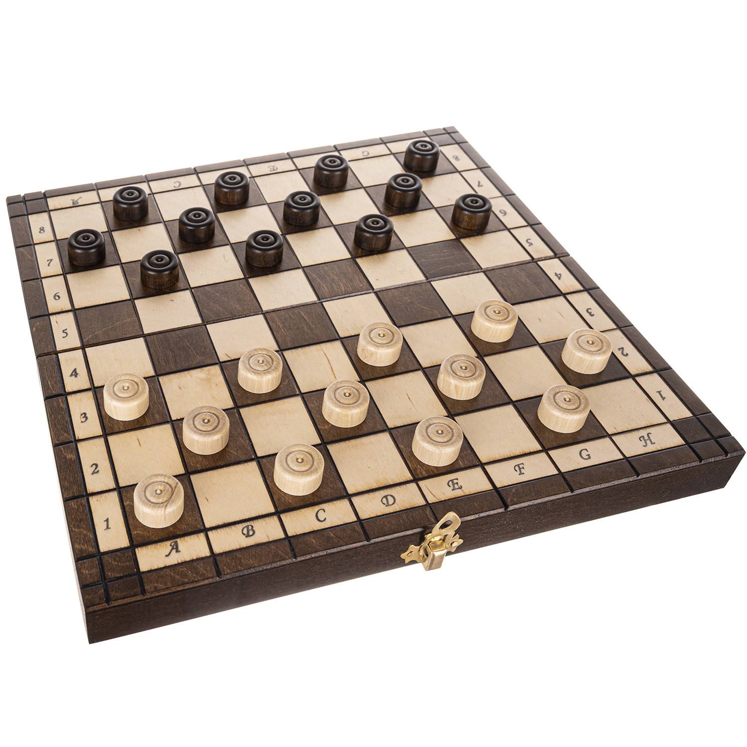 Klasszikus összecsukható fa dáma- és sakktábla bábukkal – 31 x 31 cm (BB-20232) (10)