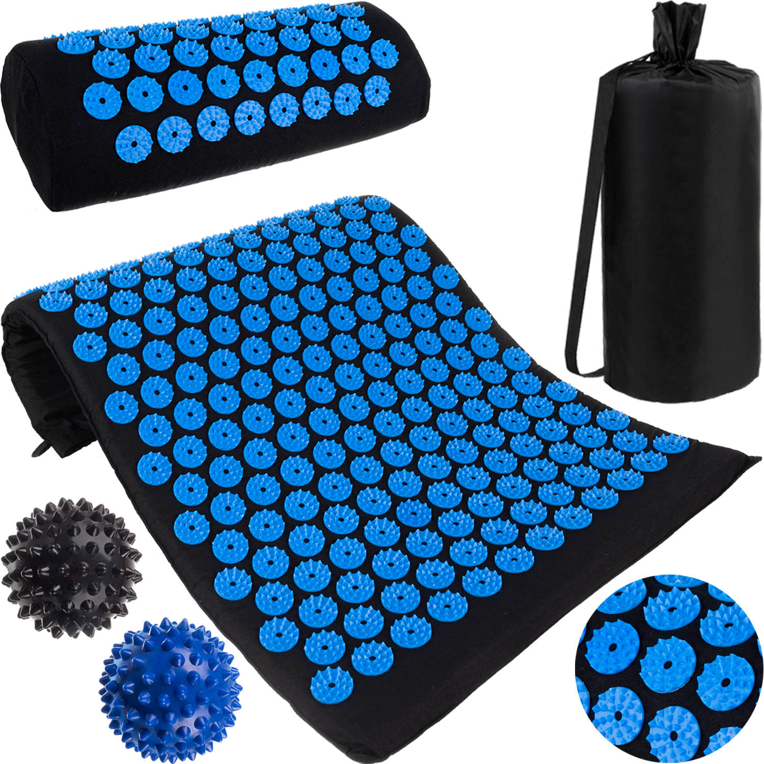 Multifunkciós akupresszúrás készlet matraccal, nyakpárnával, és tüskés labdákkal praktikus tárolózsákban (BB-14203) (1)