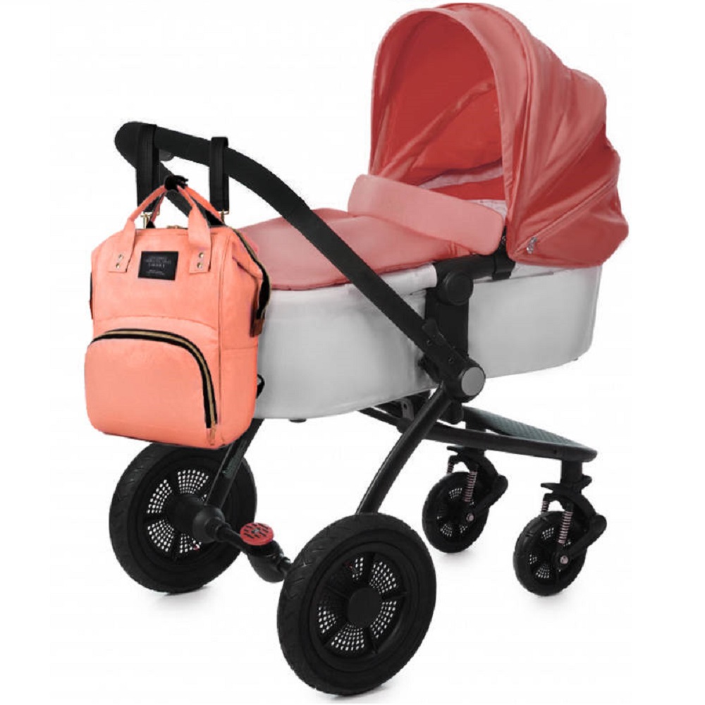 Babakocsihoz rögzíthető – többfunkciós, vízálló – pelenkázó hátizsák sok zsebbel – rózsaszín, 50 x 30 cm (BB-8911) (6)