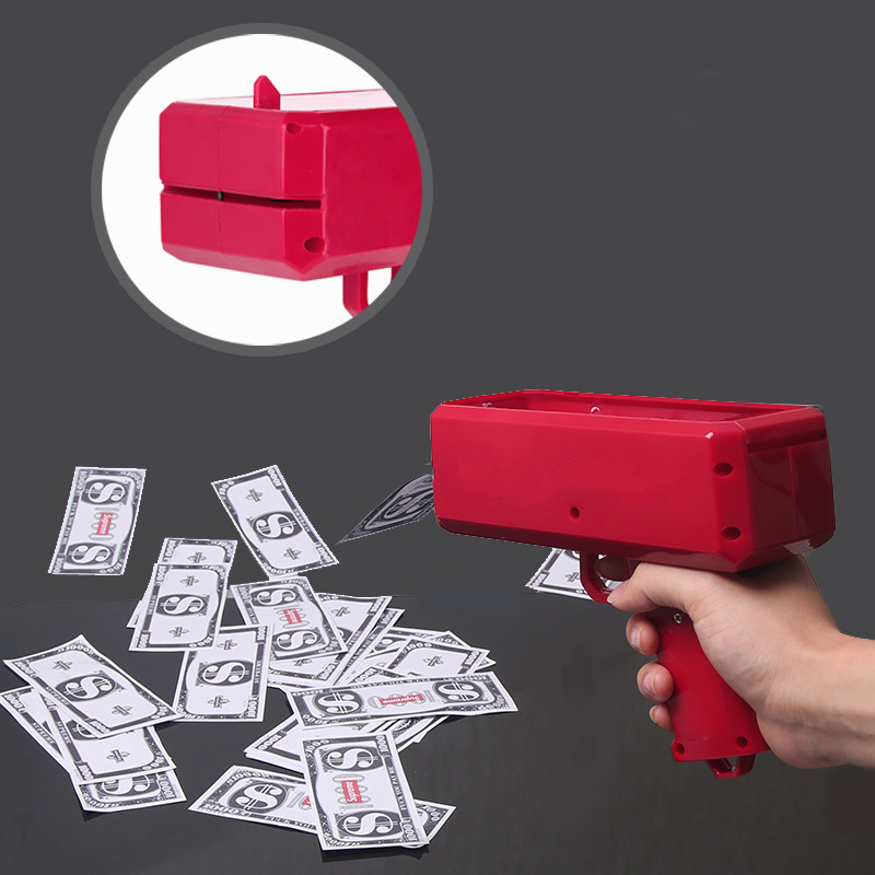 Money gun – piros színű elektromos pénzkilövő pisztoly 100 db játék bankjeggyel – esküvőre, bulira, fotózáshoz (BBV) (2)