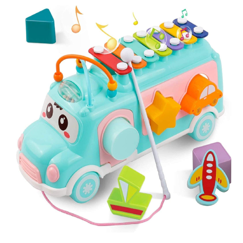 3 az 1-ben interaktív, készségfejlesztő zenélő kisbusz gyerekeknek - xilofonnal, színes gyöngyökkel, különféle formájú kockákkal (BBJ)