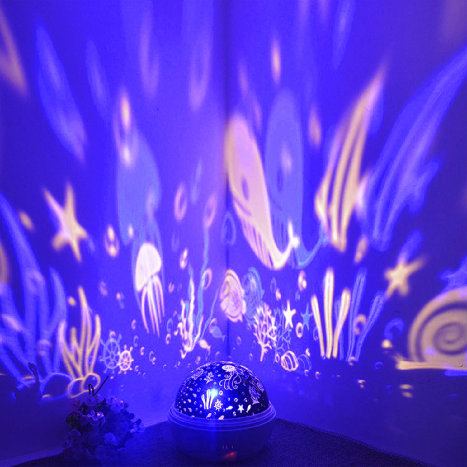 Forgó csillagfény LED lámpa, csillagos éjszakai égboltot vagy óceáni állatokat vetítő projektor gyerekeknek – kék (BB-16858) (2)