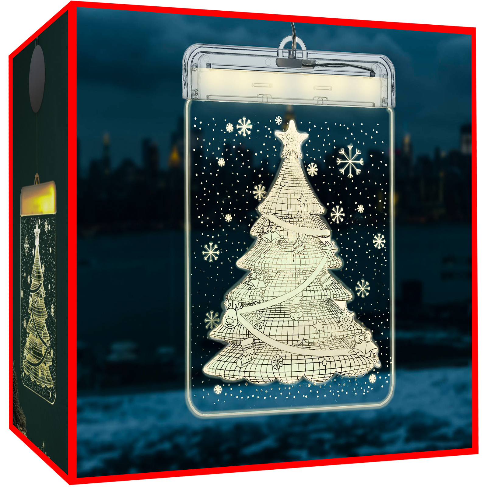 LED fényes karácsonyi 3D üveg karácsonyfa dekoráció tapadókoronggal – 17 x 11,5 x 1,5 cm, átlátszó (BB-17225) (2)