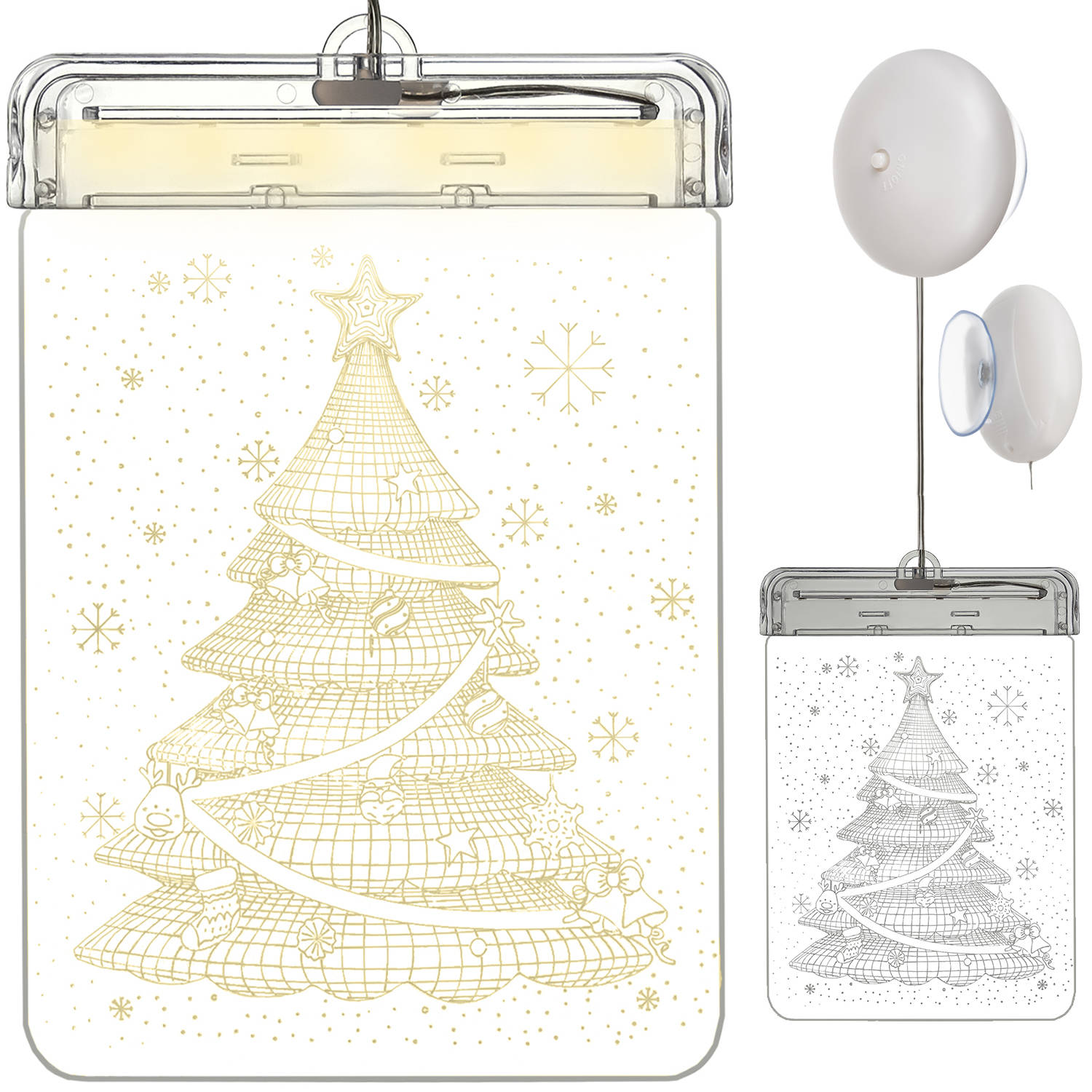 LED fényes karácsonyi 3D üveg karácsonyfa dekoráció tapadókoronggal – 17 x 11,5 x 1,5 cm, átlátszó (BB-17225) (6)