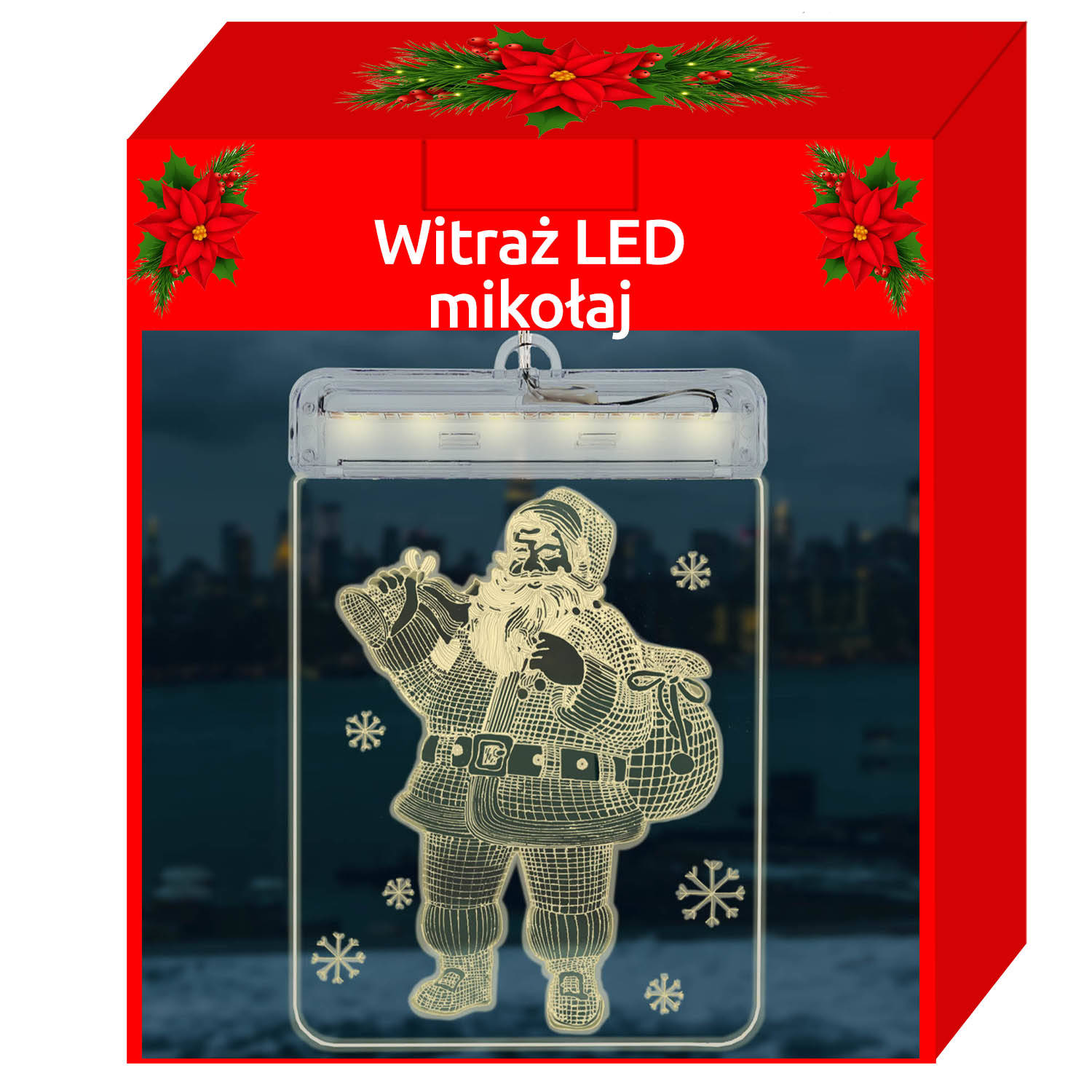 LED fényes, karácsonyi 3D üveg mikulás dekoráció tapadókoronggal – 18 x 12,5 x 4,5 cm, átlátszó (BB-17224) (1)