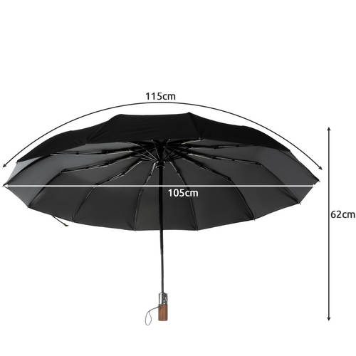 Összecsukható automata esernyő elegáns fa nyéllel és tároló huzattal – 115 cm, fekete (BB-19368) (2)