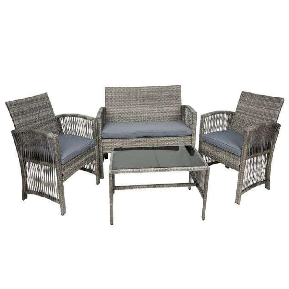 4 részes elegáns megjelenésű kerti rattan bútorkészlet – 1 darab fotellal, 2 darab székkel, párnákkal, 1 darab üveglapos asztallal (BB-11961) (1)