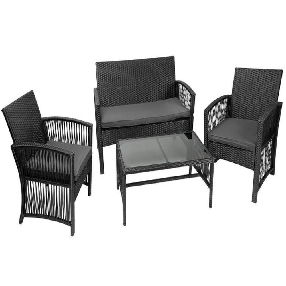 4 részes elegáns megjelenésű kerti rattan bútorkészlet – 1 darab fotellal, 2 darab székkel, párnákkal, 1 darab üveglapos asztallal (BB-11962) (2)