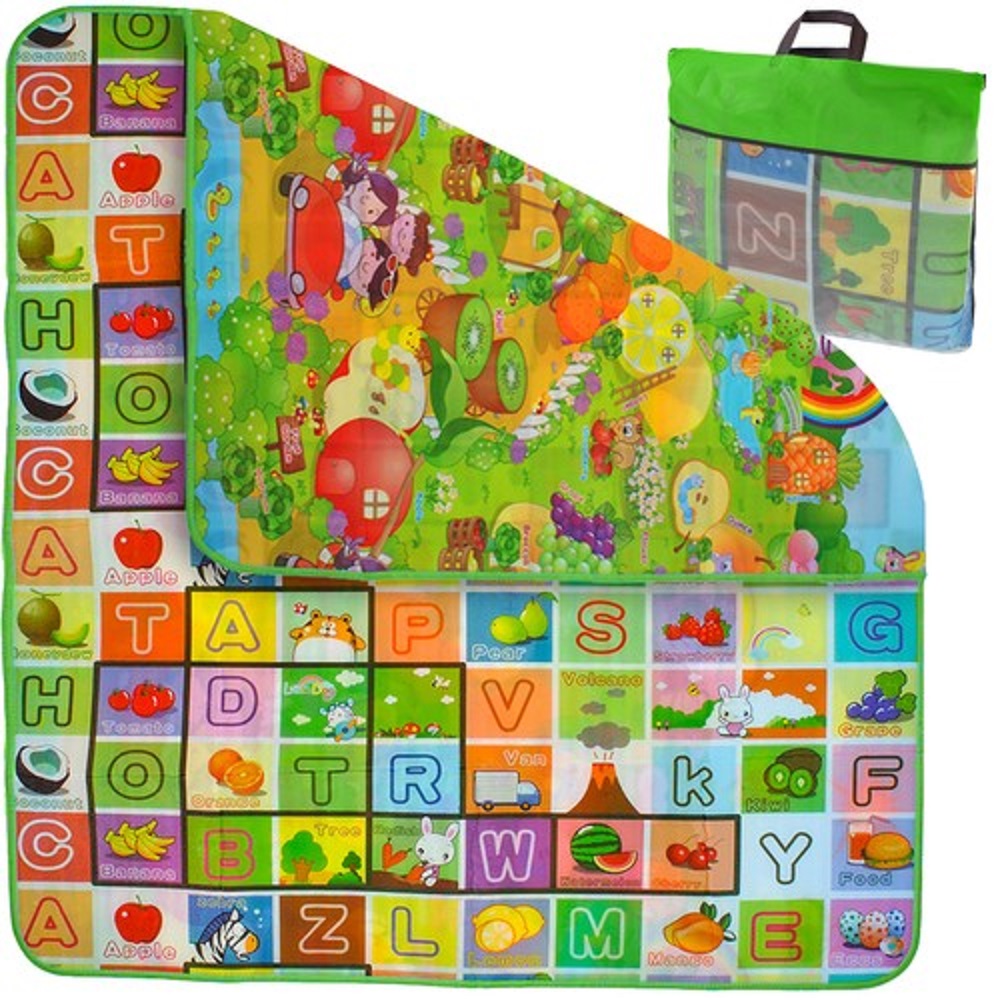 Két oldalú, állatos és gyümölcsös termo játszószőnyeg gyerekeknek – kül-, és beltérre egyaránt, nedvességálló anyagból – 180 x 200 x 0,5 cm (BB-6402) (1)