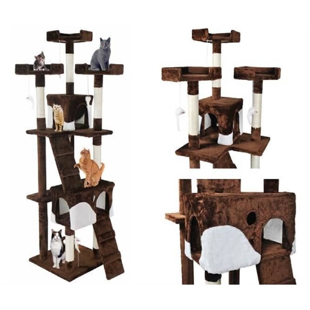 Több emeletes macska mászóka kaparófával, fekvőhelyekkel, kuckókkal és játék egerekkel – 170 cm, barna-fehér (BB-2779) (4)