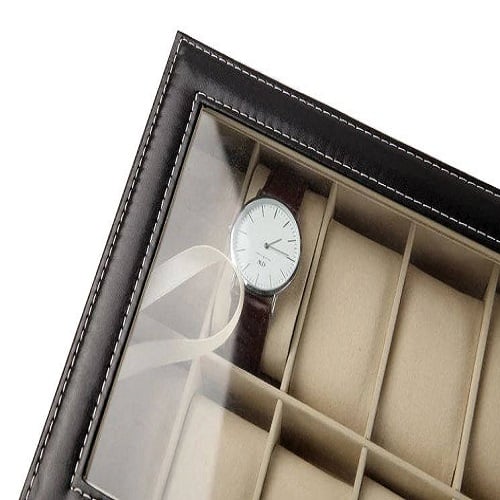 Zárható, elegáns óra-, és ékszertartó doboz átlátszó fedéllel – 12 rekesszel, fekete (BB-12534) (1)