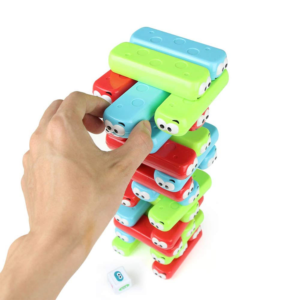 Emoji Jenga torony - színes, készségfejlesztő, ügyességi társasjáték - dobókockával, arckifejezés matricákkkal és 30 db műanyag építőelemmel (BBLPJ) - Image 1