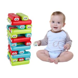 Emoji Jenga torony - színes, készségfejlesztő, ügyességi társasjáték - dobókockával, arckifejezés matricákkkal és 30 db műanyag építőelemmel (BBLPJ) - Image 2