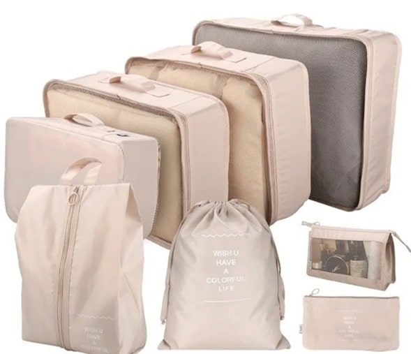 Bőrönd rendszerező szett, bézs utazási kiegészítő – az átláthatóbb bőrönd kötelező eleme, 8db (BBI-4110)