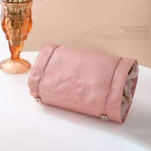 Összehajtható utazó kozmetikai táska 4 rekesszel - 3 kivehető résszel, feltekerhető, pink (BBI-4107) - Image 3