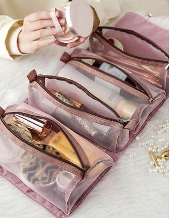 Összehajtható utazó kozmetikai táska 4 rekesszel – 3 kivehető résszel, feltekerhető, pink (BBI-4107)2
