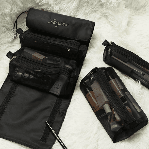 Összehajtható utazó kozmetikai táska 4 rekesszel – 3 kivehető résszel, feltekerhető, fekete