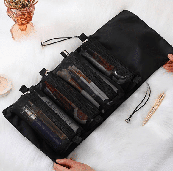 Összehajtható utazó kozmetikai táska 4 rekesszel – 3 kivehető résszel, feltekerhető, fekete 5