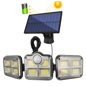 122 SMD LED-es 3 Fejes napelemes kültéri fali lámpa mozgásérzékelővel (BBJH)