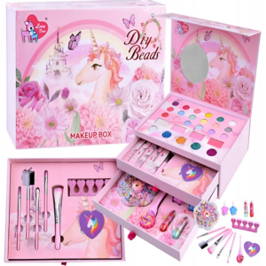 Unikornisos gyerek smink- és ékszerkészlet lányoknak – mosható smink, tükörrel, körömlakkal és gyöngyfűző szettel, 3 fiókos tárolóban (FX) (BBJ) - Image 13