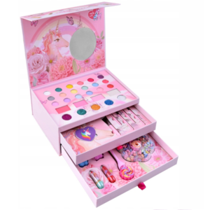 Unikornisos gyerek smink- és ékszerkészlet lányoknak – mosható smink, tükörrel, körömlakkal és gyöngyfűző szettel, 3 fiókos tárolóban (FX) (BBJ) - Image 3