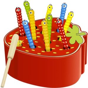 Mágneses kézügyesség fejlesztő játék - halászd ki a kukacot! - kukac figurákkal és eper alakú játék táblával (WNDR22411)