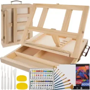 Fából készült 2 az 1-ben festőkészlet praktikus bőröndben, kihajtható festőállvánnyal – 46 elem (WNDR19177) - Image 1