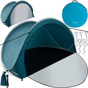 3 személyes UV-szűrős strandsátor, hordozótáskával – 200x120x110cm, kék-szürke (WNDR21267)