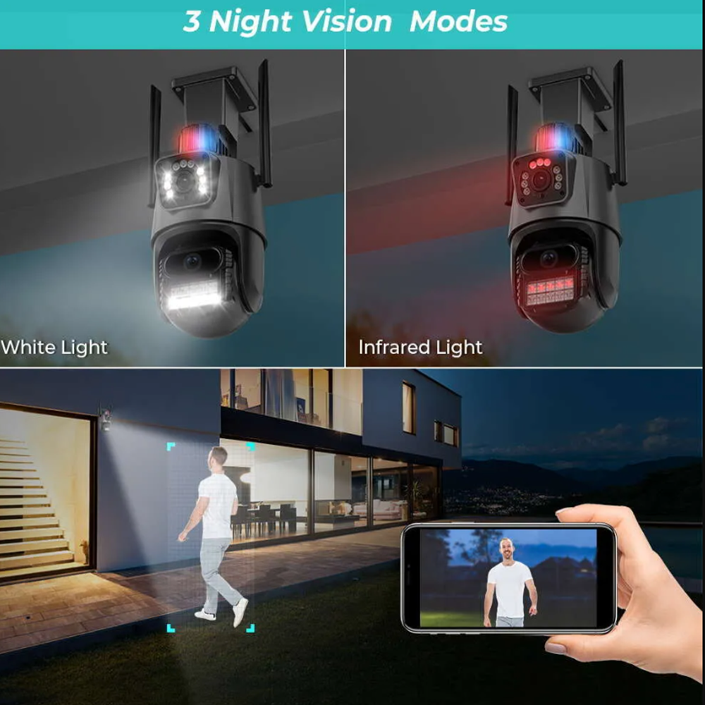 Kültéri Wi-Fi IP Kamera 6MP – dupla lencse, beépített sziréna, éjjellátó,IP67, automatikus követés biztonsági kamera 7100E (BBD) - Image 3
