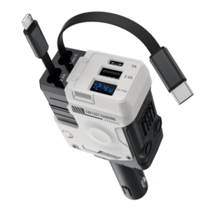 Univerzális autós gyorstöltő 66W – 4 az 1-ben töltő, kihúzható kábelek, USB, Type-C és iPhone csatlakozóval, intelligens védelemmel (BBD) - Image 1