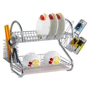 Rozsdamentes fém konyhai edényszárító – 49×37×26 cm-es 2 szintes csepegtető állvány evőeszköztartóval és pohártartóval (BLLV) - Image 3