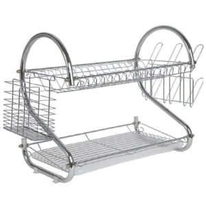 Rozsdamentes fém konyhai edényszárító – 49×37×26 cm-es 2 szintes csepegtető állvány evőeszköztartóval és pohártartóval (BLLV) - Image 1