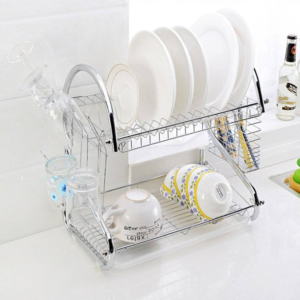 Rozsdamentes fém konyhai edényszárító – 49×37×26 cm-es 2 szintes csepegtető állvány evőeszköztartóval és pohártartóval (BLLV) - Image 5