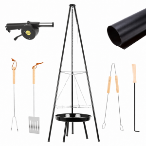 Kaminer függő kerti faszenes grill – 49 cm állítható magasságú BBQ grill rozsdamentes acélból, fekete (WNDR9792)