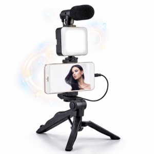 AY-49 videókészítő kit – mobil videó és vlog készítő szett mikrofonnal, LED lámpával és állvánnyal (BBD)