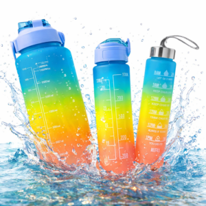 Háromrészes motivációs kulacs szett, kék-sárga-rózsaszín színkombinációban, 2L, 900 ml és 300 ml méretű palackokkal - Image 1