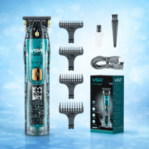 VGR V-961 prémium akkus haj- és szakállvágó – vezeték nélküli trimmer  4 vezetőfésű 1/3/5/7 mm - digitális kijelzővel, átlátszó dizájn (BBD) - Image 4