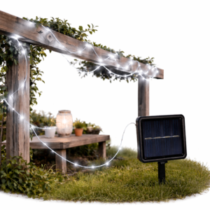 10 Méteres napelemes LED fényfüzér 100 hidegfehér leddel – kültéri dekorációs világítás kertbe, teraszra és erkélyre (FX) (BBV) - Image 1