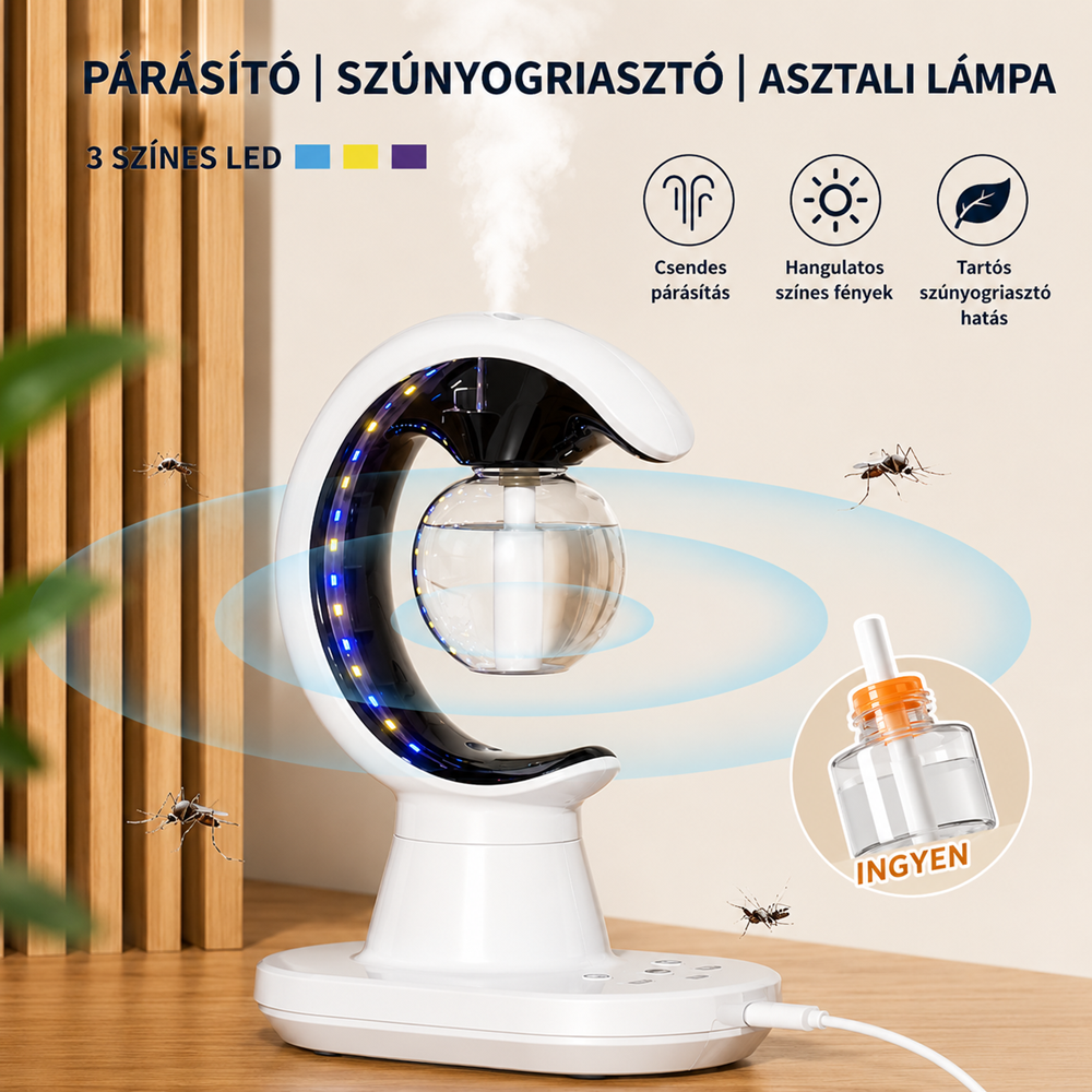 Hold alakú elektromos szúnyogirtó lámpa párásítóval és LED éjszakai fénnyel - fehér (BBM) - Image 3