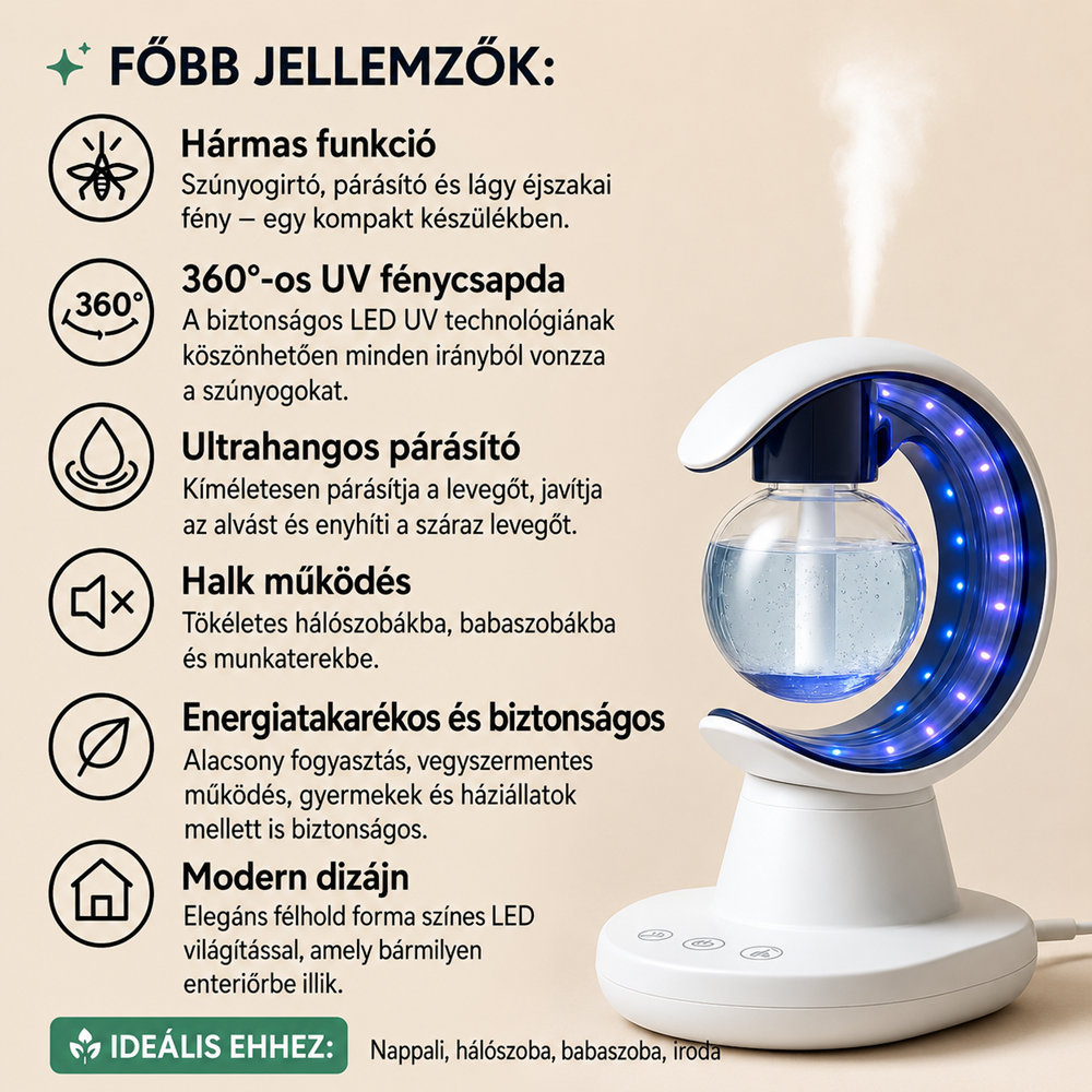 Hold alakú elektromos szúnyogirtó lámpa párásítóval és LED éjszakai fénnyel - fehér (BBM) - Image 5