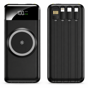 OKOP KP-711 powerbank 10000mAh – hordozható gyorstöltő beépített 4 kábellel fekete (BBD)
