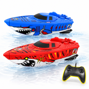 Shark Racer távirányítós RC hajó – cápa mintás elemes vízi versenyjáték, piros-kék (BBMJ)