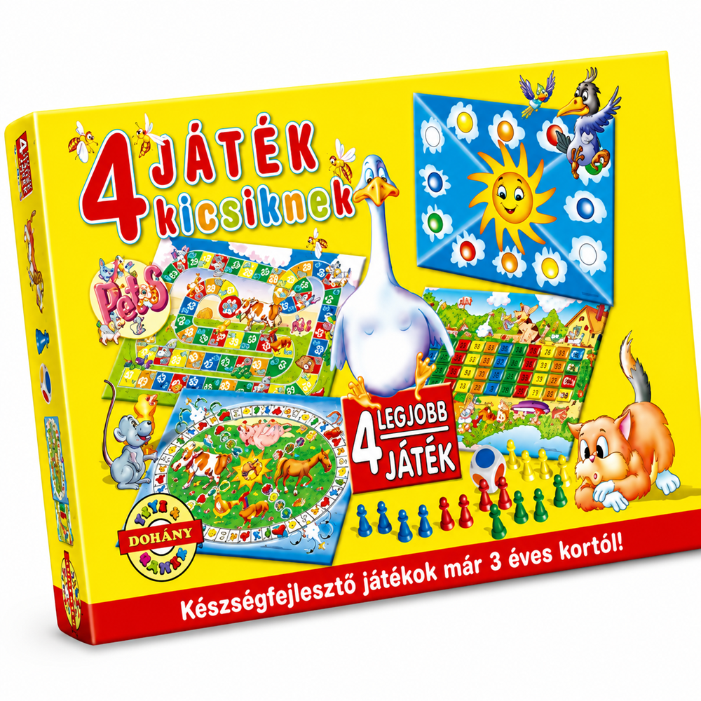 Háziállatok 4 az 1-ben társasjáték készlet – fejlesztő családi játék gyerekeknek, 3 éves kortól (BBMJ)
