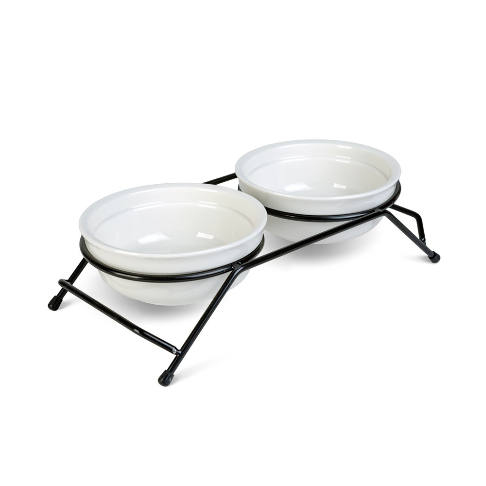 Emelt kutya- és macska etetőtál kerámia tálakkal – kényelmes etetőállvány, fehér, 30×14×7,5cm (GL-60058) - Image 2