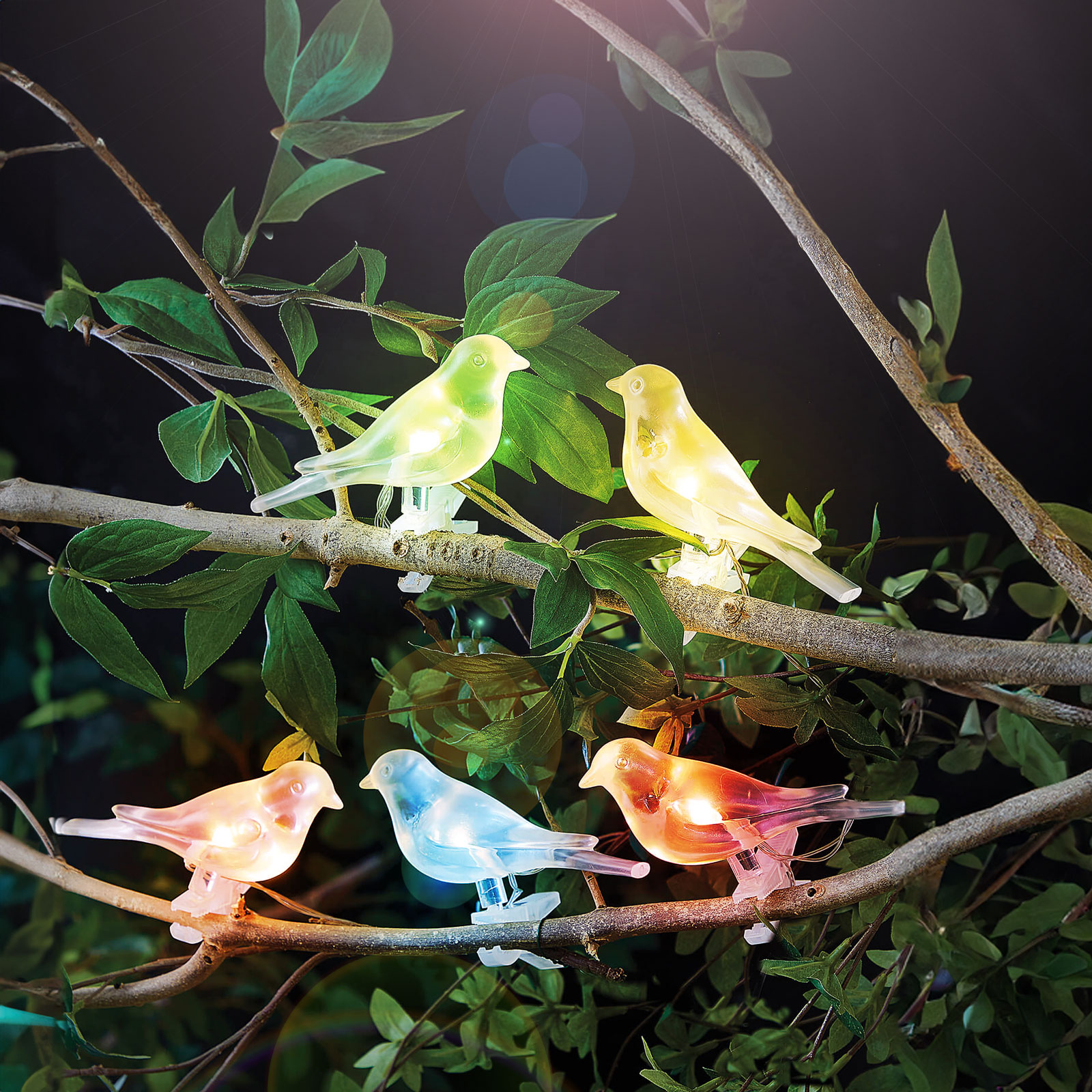Napelemes madárkás LED fényfüzér 80 cm – 5 színes RGB LED, csipeszes dekoráció (GL-11787)