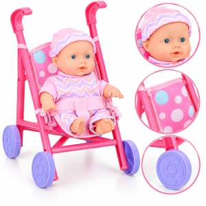 Aranyos játékbaba babakocsival – 20 cm-es szett (EDC)